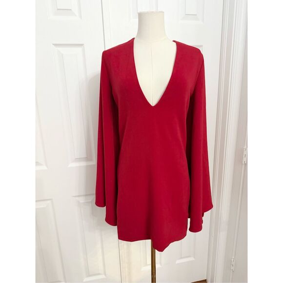 Backstage Womens Red Emily Flare Bell Sleeve Deep V Neck Mini Dress Size XS NWT - Picture 1 of 6